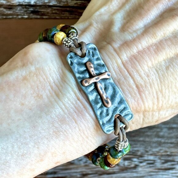 Boho Glass Bead Leather Bracelet - Picture 2 of 9